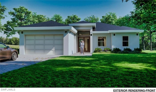 view of front of home featuring a front yard, driveway, an attached garage, and stucco siding