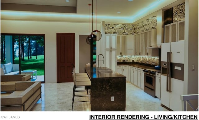 kitchen with electric stove, white refrigerator with ice dispenser, dark countertops, backsplash, and an island with sink