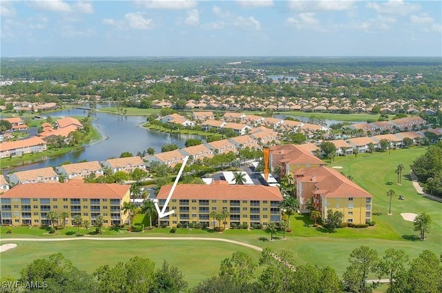 bird's eye view with a residential view, golf course view, and a water view