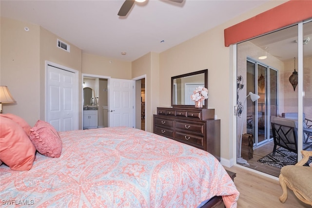 bedroom with light wood-type flooring, ceiling fan, and access to outside