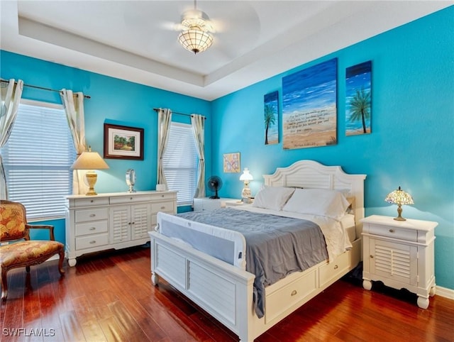 bedroom featuring a tray ceiling and dark hardwood / wood-style floors