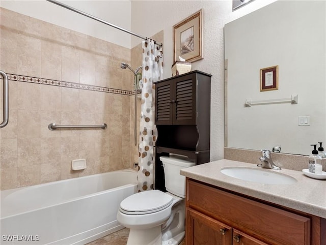 full bathroom with shower / bath combination with curtain, tile patterned floors, vanity, and toilet