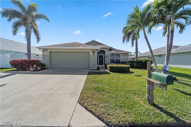 ranch-style home featuring a garage and a front lawn