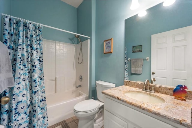 full bathroom featuring tile patterned flooring, shower / bath combo, vanity, and toilet