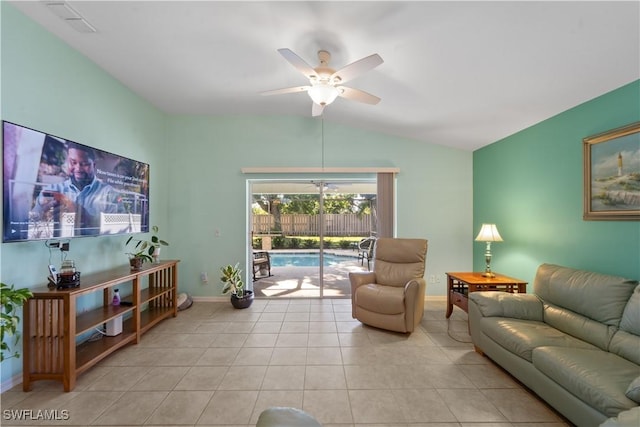 tiled living room featuring vaulted ceiling and ceiling fan