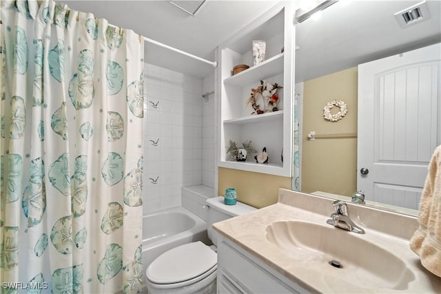 full bathroom with vanity, toilet, and shower / tub combo with curtain