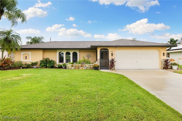 ranch-style home featuring a garage and a front lawn