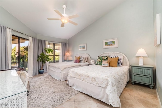 tiled bedroom with ceiling fan, high vaulted ceiling, and access to outside