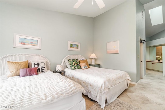 tiled bedroom with ceiling fan