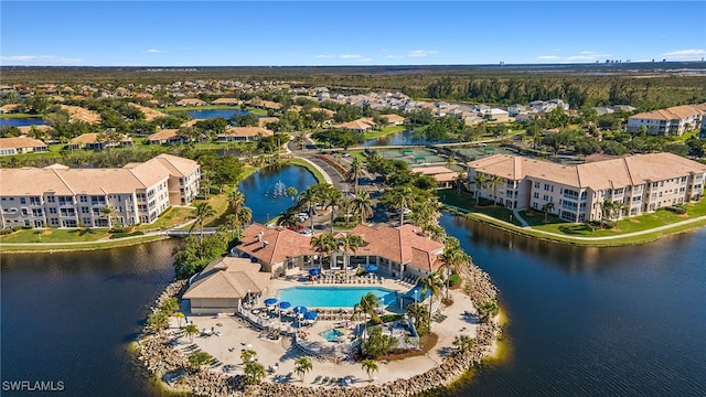 aerial view featuring a water view