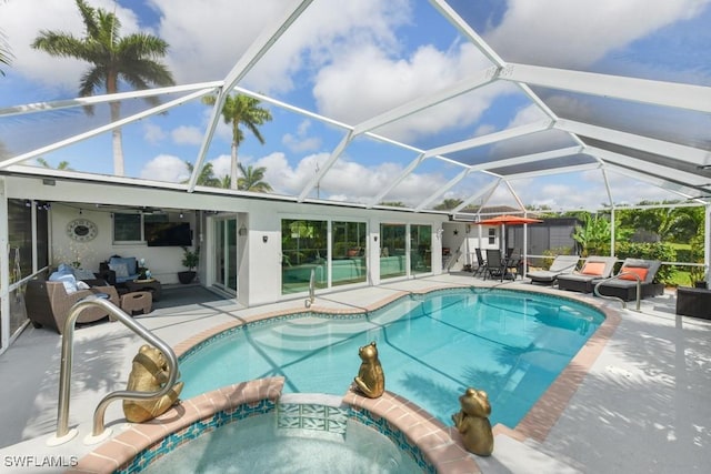 view of pool with glass enclosure, an in ground hot tub, an outdoor hangout area, and a patio