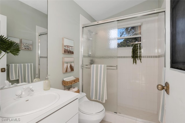 bathroom featuring vanity, a shower with shower door, and vaulted ceiling