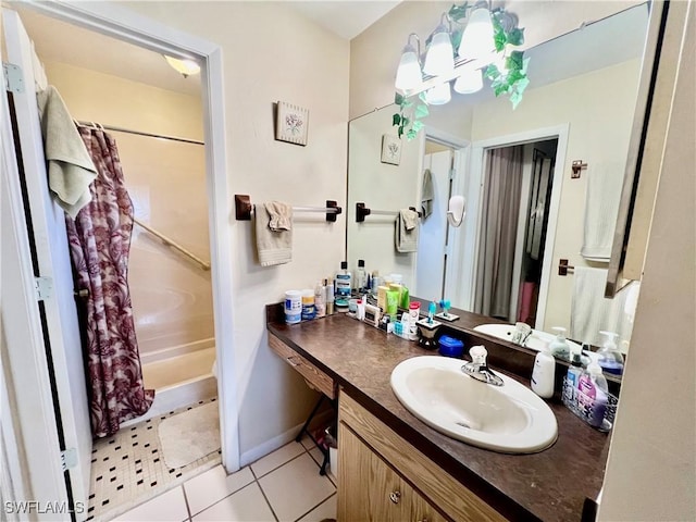 bathroom with vanity, shower / tub combo, and tile patterned flooring