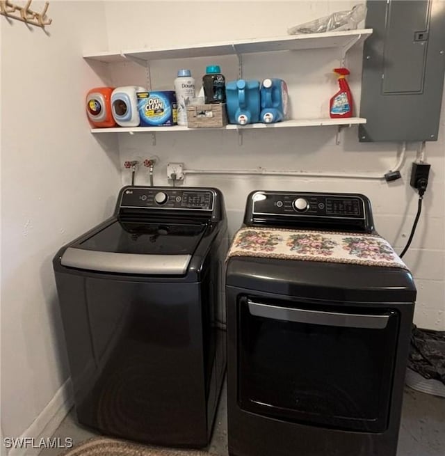 laundry room with electric panel and washing machine and dryer