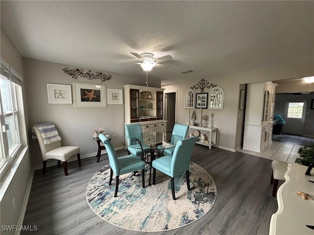 dining room with ceiling fan, a wealth of natural light, a textured ceiling, and wood-type flooring