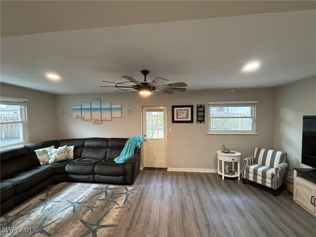 living room with plenty of natural light, ceiling fan, and dark hardwood / wood-style flooring