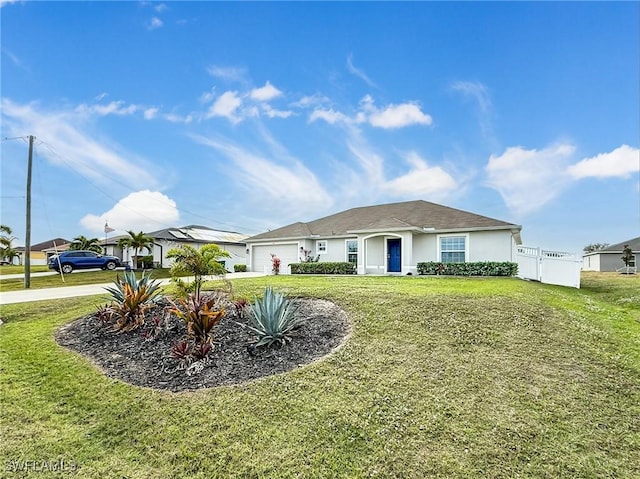 view of front of property with an attached garage, fence, driveway, stucco siding, and a front lawn