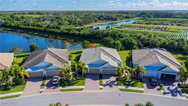 bird's eye view with a water view