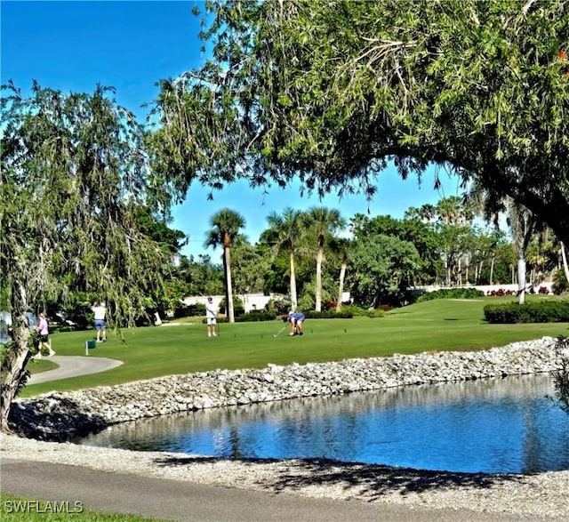 view of community featuring a lawn and a water view