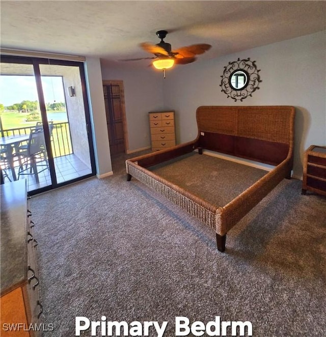 bedroom with carpet floors, access to exterior, baseboards, and a ceiling fan