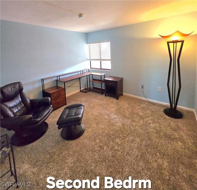 living area with carpet flooring and baseboards