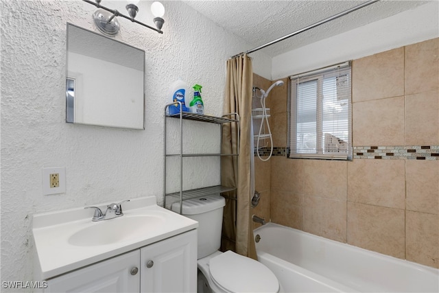 full bathroom with a textured ceiling, toilet, vanity, and shower / bath combination with curtain