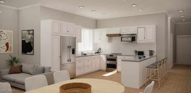 kitchen featuring premium range hood, tasteful backsplash, white cabinetry, and appliances with stainless steel finishes