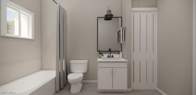 bathroom with a tub, toilet, and vanity