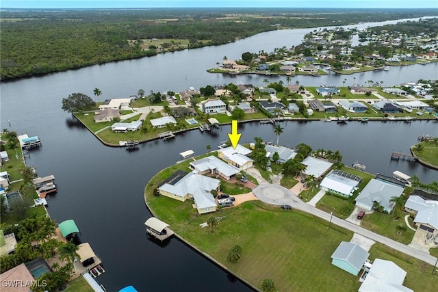 aerial view featuring a water view