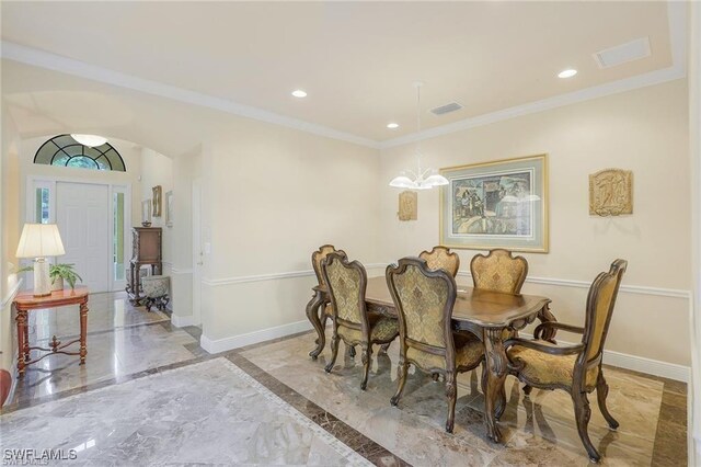 28830 Kiranicola Ct, Bonita Springs, FL 34135 - dining room with marble tiled flooring, a chandelier, baseboards, recessed lighting, and inlaid floor details