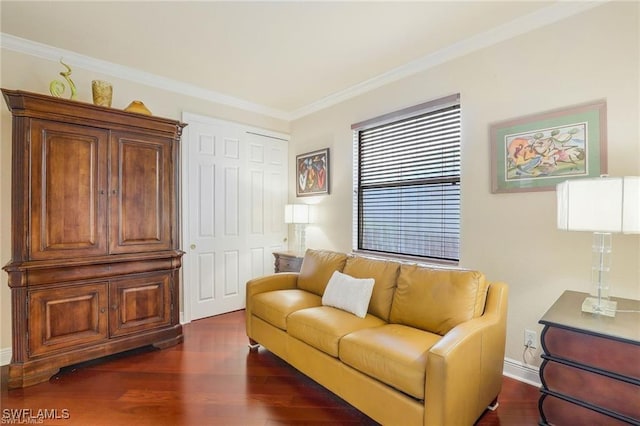 28830 Kiranicola Ct, Bonita Springs, FL 34135 - living room featuring dark wood finished floors, crown molding, and baseboards