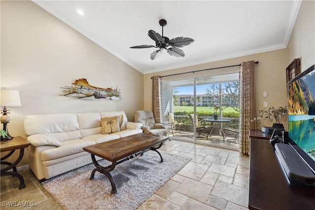 living room with ceiling fan, ornamental molding, and vaulted ceiling