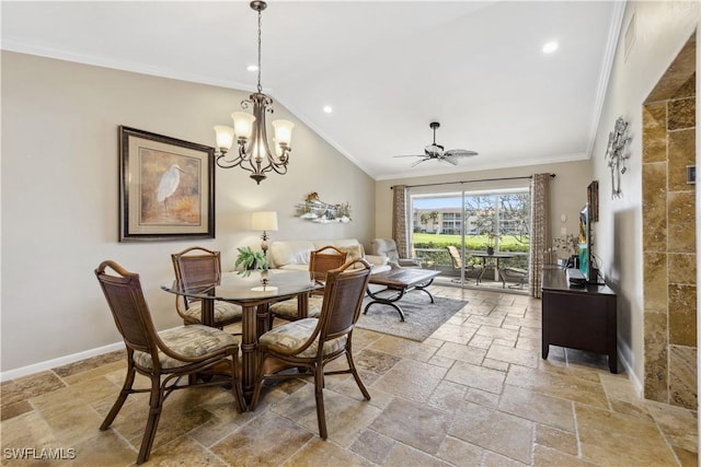 dining area featuring crown molding, ceiling fan with notable chandelier, and vaulted ceiling