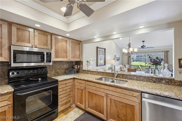 kitchen with sink, ornamental molding, stainless steel appliances, light stone countertops, and decorative backsplash