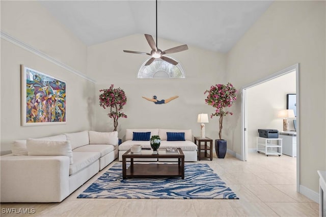 744 Belville Blvd, Naples, FL 34104 - living room featuring ceiling fan and high vaulted ceiling