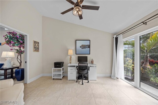 744 Belville Blvd, Naples, FL 34104 - office space featuring light tile patterned floors, vaulted ceiling, and ceiling fan