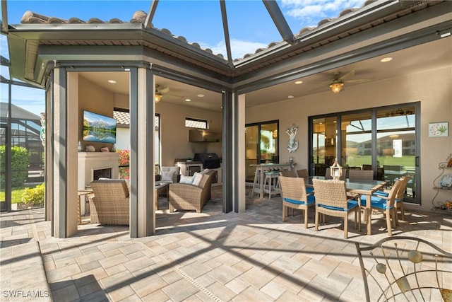 view of patio featuring an outdoor fireplace