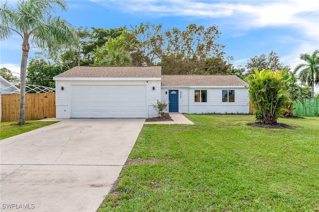 ranch-style house featuring a garage and a front lawn