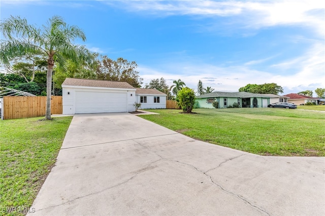 ranch-style house featuring driveway, a garage, fence, and a front yard