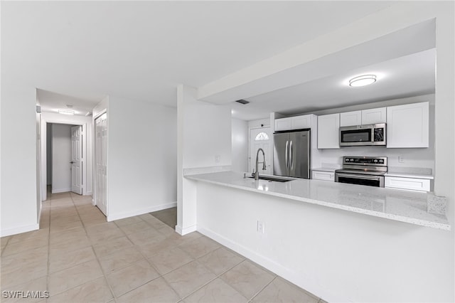 kitchen featuring appliances with stainless steel finishes, white cabinets, a sink, light stone countertops, and a peninsula