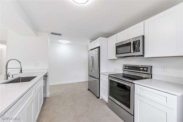 kitchen with visible vents, appliances with stainless steel finishes, white cabinetry, a sink, and light stone countertops