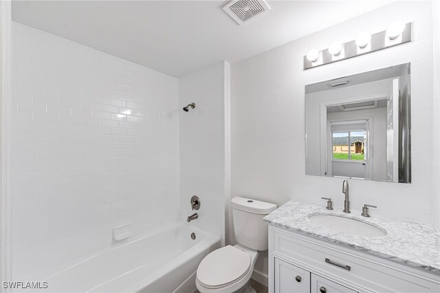 bathroom featuring toilet, visible vents, shower / washtub combination, and vanity