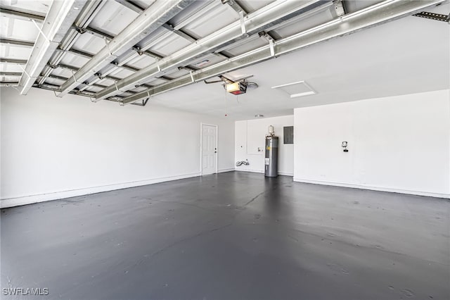 garage featuring water heater, electric panel, and a garage door opener