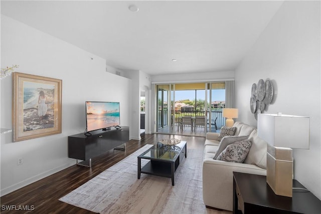 living room with dark hardwood / wood-style floors