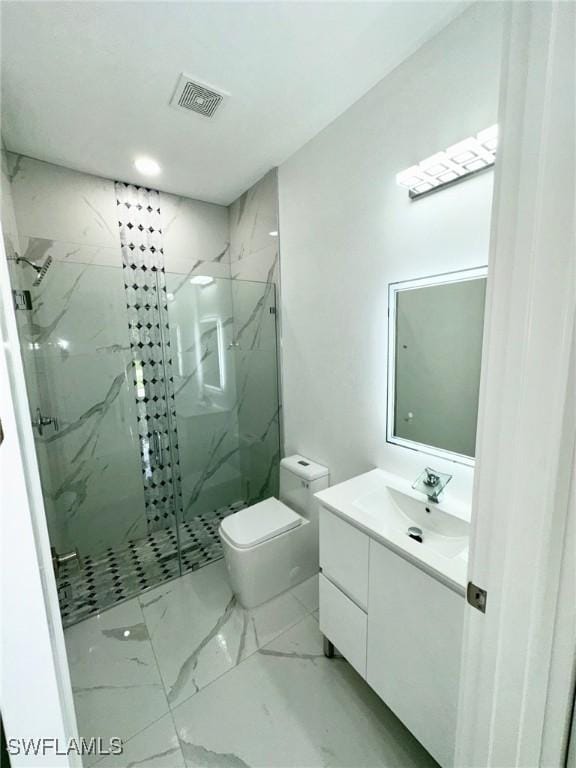 bathroom featuring toilet, walk in shower, and vanity