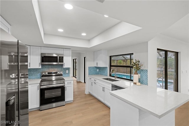 kitchen featuring a tray ceiling, light countertops, appliances with stainless steel finishes, a sink, and a peninsula