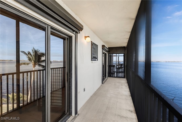 hallway featuring a water view