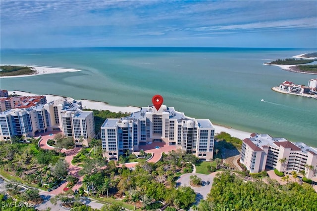 drone / aerial view with a water view and a view of the beach