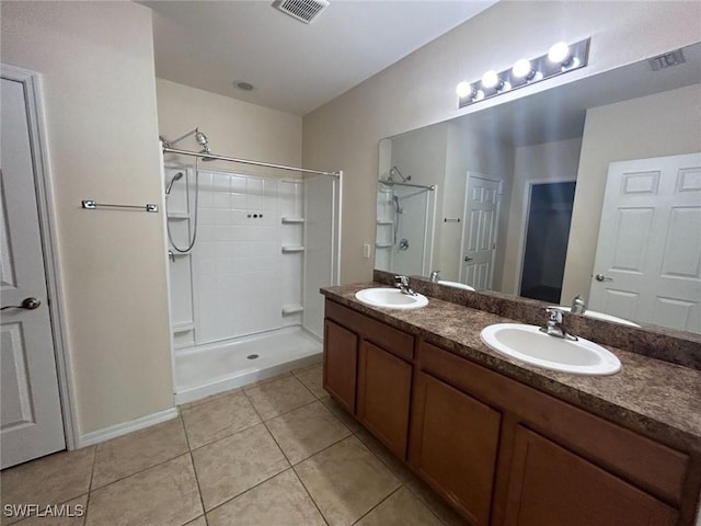 full bath featuring tile patterned flooring, a shower stall, visible vents, and a sink