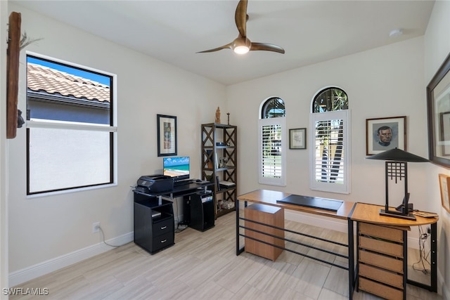 home office featuring ceiling fan and light hardwood / wood-style floors